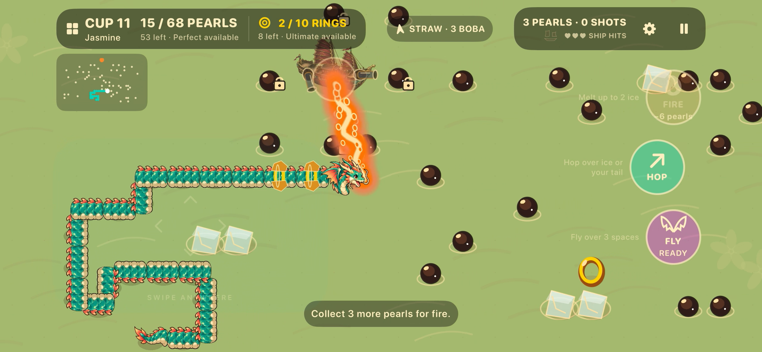 Real iPhone gameplay showing dragon fire against a pirate ship