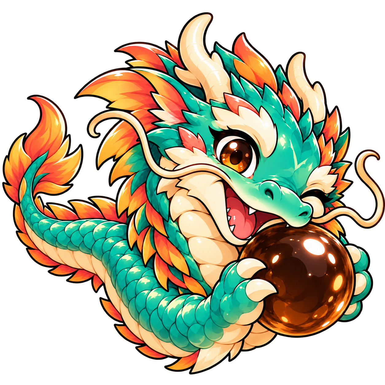 Jade dragon with a coral mane hugging a glossy boba pearl